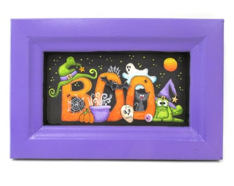 Orange Boo Sign, Halloween Sign, Ghost, Witch Hat, Frogs, Bats, Pumpkin, Skull, Hand Painted, Handcrafted Frame,Halloween Art,Halloween Deco