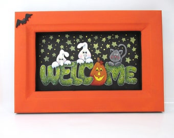 WELCOME, Halloween Ghosts Sign, Black Cat, Jack-o-Lantern, Bat, White Ghosts, Orange Frame, Halloween, Hand Painted,Reclaimed Handmade Frame