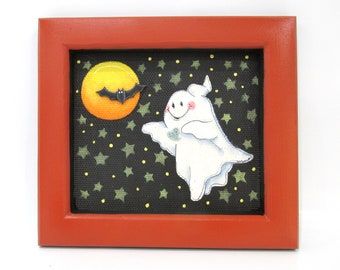 Playful Ghost, Full Moon, Black Bat, Stars, White Ghost, Black Screening, Hand Painted, Handcrafted Frame,Halloween Art,Halloween Decoration