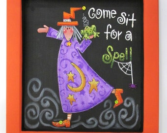 Halloween Art, Witch holding Toad, Halloween Sign, Spider, Web, Come Sit for a Spell, Hand Painted, Acrylic Paints,Reclaimed Pine Wood Frame