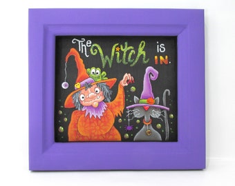 The Witch is in, Halloween Witch, Black Cat, Toad, Spider, Bubbles, Hand Painted, Reclaimed Wood Frame, Halloween Decoration, Halloween Sign