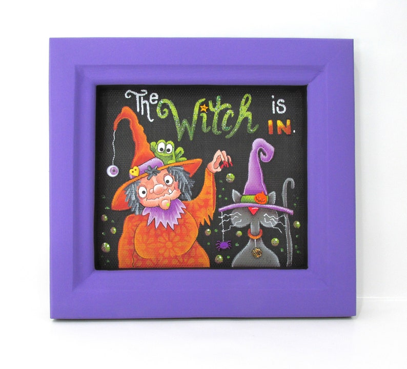 The Witch is in, Halloween Witch, Black Cat, Toad, Spider, Bubbles, Hand Painted, Reclaimed Wood Frame, Halloween Decoration, Halloween Sign image 1