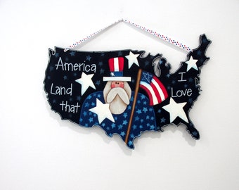 Uncle Sam, America, Land that I LOVE, USA Flag, White Stars, USA Shape Wood Sign, American Flag, Door Hanger, Patriotic Art,  Hand Painted