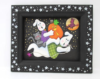 Flying Ghosts, Moon, Jack-o-lantern, Black Cat, Spider, Witch, Yellow Stars, Hand Painted, Handcrafted Frame,Halloween, Halloween Decoration