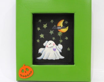 Whimsical Ghost, White Ghost, Jack-o-Lantern, Stars, Bat, Spider, Hand Painted, Handcrafted  Frame, Halloween Art, Halloween Decoration