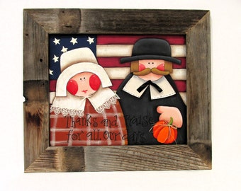Thanks and Praise for all Our Days, Pilgrims, USA Flag, Large Barn Wood Sign, Thanksgiving Sign, Orange Pumpkin,Hand Crafted Barn Wood Frame