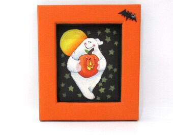 Happy Ghost, Full Moon, Black Bat, Stars, White Ghost, Black Screening, Hand Painted, Handcrafted Frame,Halloween Art,Halloween Decoration