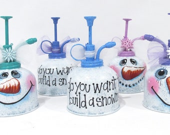 Do You Want to Build a Snowman, Vintage Water Cans, Snowmen, Winter Snowman, Snowflakes, Christmas, Holiday Gift, Mixed Media, Hand Painted