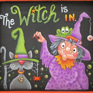 The Witch is in, Halloween Witch, Black Cat, Toad, Spider, Bubbles, Hand Painted, Reclaimed Wood Frame, Halloween Decoration, Halloween Sign image 7