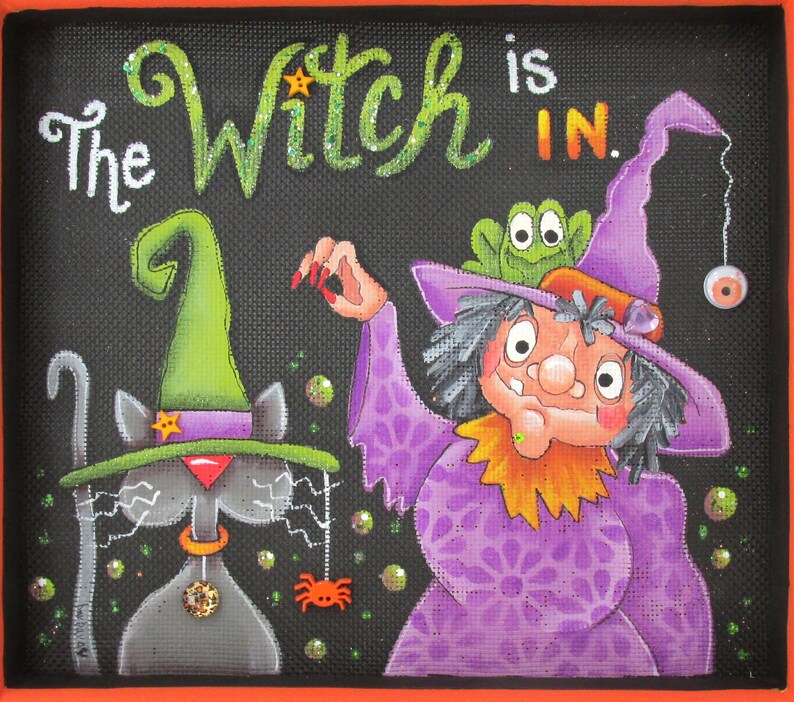 The Witch is in, Halloween Witch, Black Cat, Toad, Spider, Bubbles, Hand Painted, Reclaimed Wood Frame, Halloween Decoration, Halloween Sign image 7