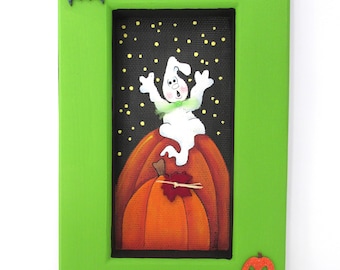 Single Ghost, Orange Pumpkins, Bat, Cat, Moon, White Ghost, Black Screening, Hand Painted, Handcrafted Frame, Painting, Halloween Decoration