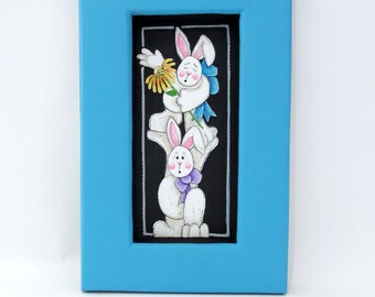 Two Stacked Bunnies, Bunnies, Rabbits, Colorful Flower, Hand Painted, Hand Crafted Frame,  Blue Frame, Spring, Easter Sign,Barbsheartstrokes