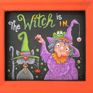The Witch is in, Halloween Witch, Black Cat, Toad, Spider, Bubbles, Hand Painted, Reclaimed Wood Frame, Halloween Decoration, Halloween Sign image 6