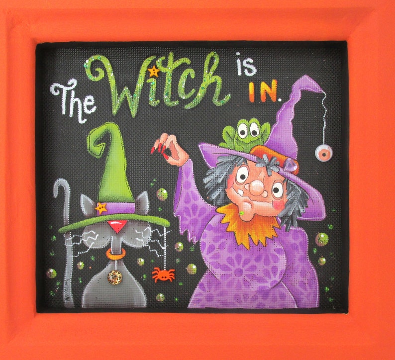The Witch is in, Halloween Witch, Black Cat, Toad, Spider, Bubbles, Hand Painted, Reclaimed Wood Frame, Halloween Decoration, Halloween Sign image 6