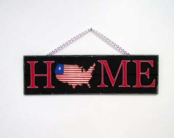 Home Sign, America, USA Flag, White Star, HOME Shape Wood Sign, United States Shape, Red wording, Blue Wording, Patriotic Art,  Hand Painted