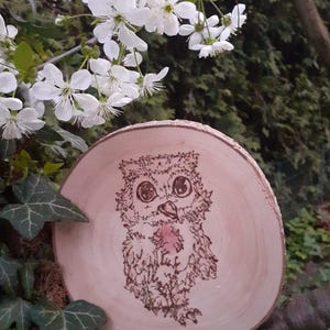 Pyrografie op boomschijf natuur handgemaakt met creatief ontwerp, dierenmotief uil, oehoe, vogel - cadeau - kan op aanvraag gepersonaliseerd worden