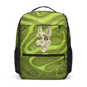 May include: A green backpack featuring a central illustration of a white canine creature with mushrooms growing from its head and neck. The background displays swirling light green lines and a small butterfly, with black zippers and side mesh pockets.
