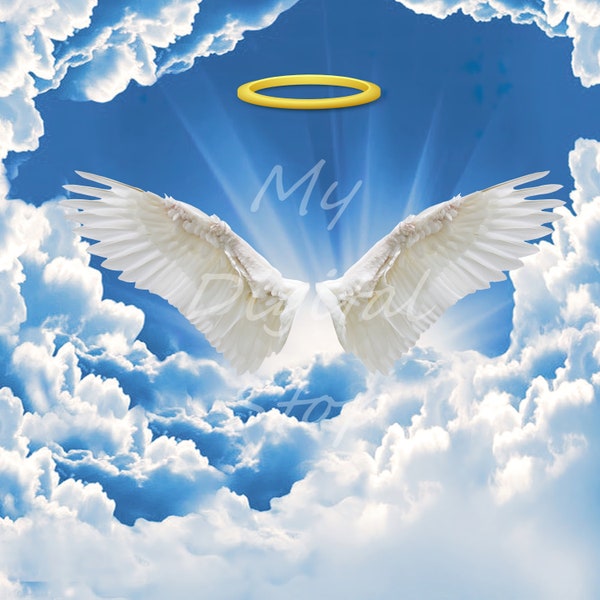 DIGITAL Backdrop JPG Photo Angel Wings In Memoriam Heaven Halo Clouds Digital Download Photoshop Composite (Photo Download Only)