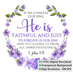 Digital Download PNG 1 John 1:9 Scripture Bible Verse Faith | Transparent Background