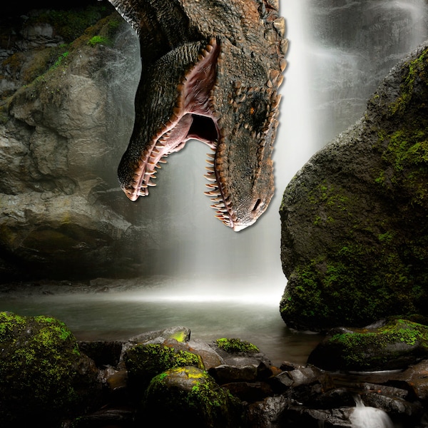 DIGITAL Backdrop JPG Photo Fantasy T-Rex Dinosaur Waterfall Digital Download Backdrop / Background