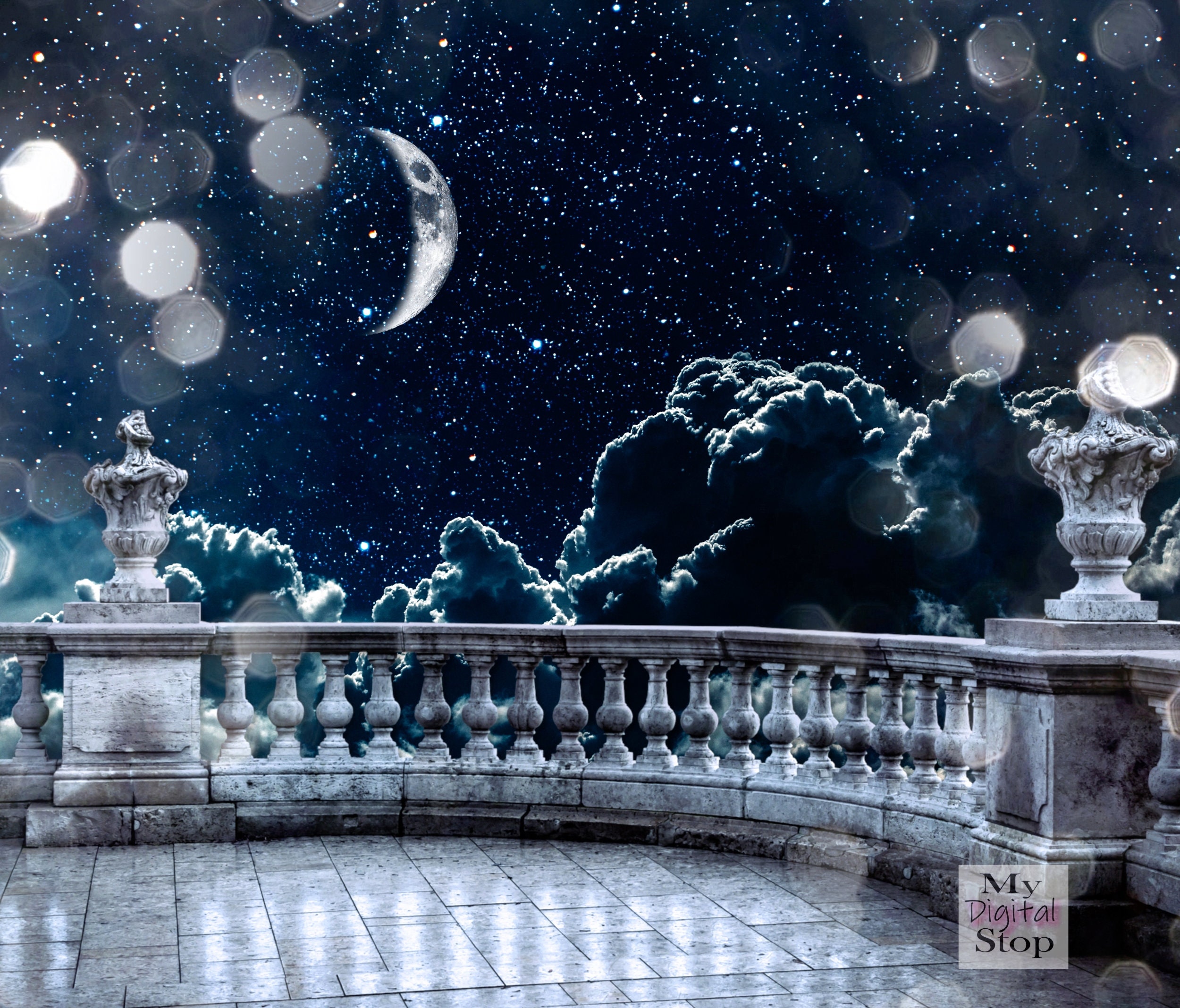 DIGITAL Backdrop JPG Photo Castle Balcony Night Moon Sky - Etsy
