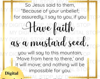 Digital Download PNG & JPG | Matthew 17:20 Scripture Bible Verse Gold Border Frame Graphic