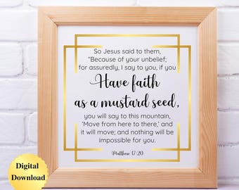 Digital Download PNG & JPG | Matthew 17:20 Mustard Seed Scripture Bible Verse Gold Border Frame Graphic