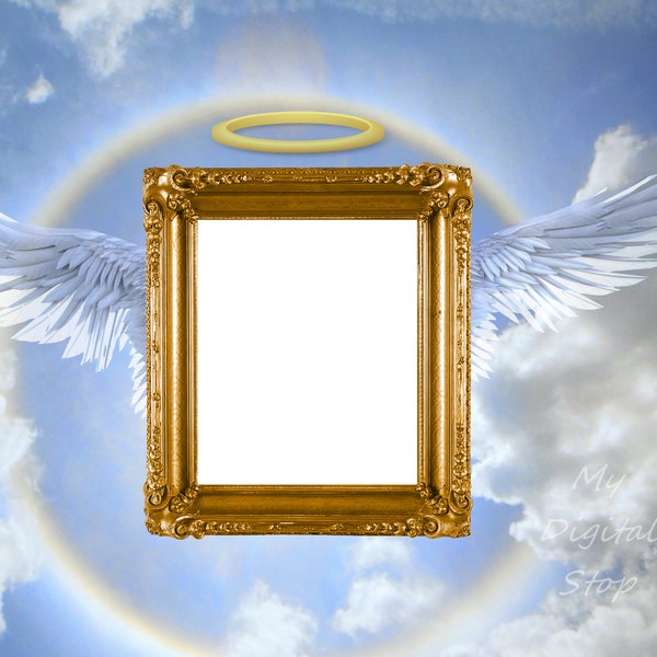 DIGITAL Backdrop PNG Photo Frame In Memoriam Heaven Memory Angel Wings Halo Photo Digital Download Photographer Photo Backdrop