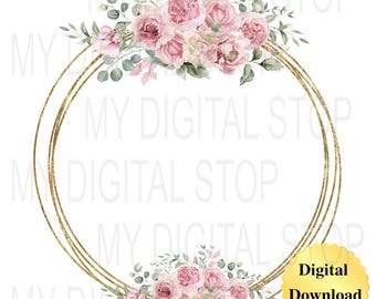 Digital Download Clipart PNG and JPG | Gold & Pink Floral Circle Floral Frame Graphic