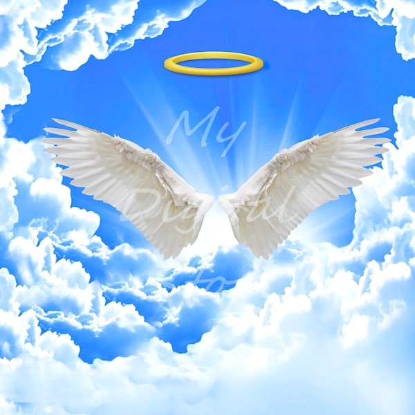 DIGITAL Backdrop JPG Photo Angel Wings Halo Heaven Clouds Sky In Memoriam Digital Download Photographers (Photo Download Only)