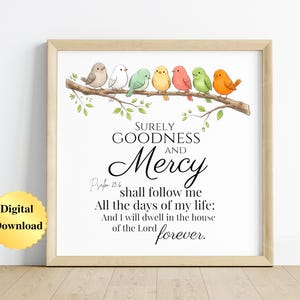 Puede incluir: Una impresión de arte mural enmarcada que muestra siete pájaros coloridos posados en una rama marrón con hojas verdes. Debajo de los pájaros, el texto dice: Surely goodness and mercy Psalm 23:6 shall follow me All the days of my life; And I will dwell in the house of the Lord forever.