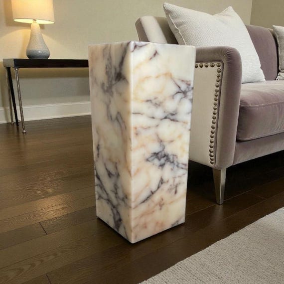 Calacatta Viola Marble Side Table, Modern Pedestal, Purple Gold Veined Cube End Table