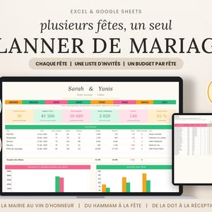 May include: A digital wedding planner spreadsheet for Excel and Google Sheets displayed on a laptop and tablet screen. The interface features colorful tabs, budget tracking tables, guest lists, and bar charts for multiple events with French text.