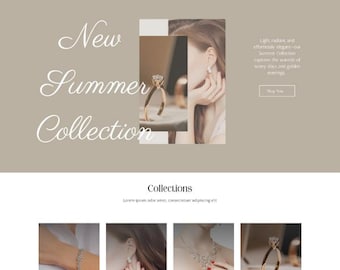 May include: A website design for a Shopify theme, featuring the text "SHOPIFY THEME 2.0" at the top. The design showcases a "New Summer Collection" with jewelry, including bracelets, earrings, necklaces, and rings. The website has a neutral color palette.