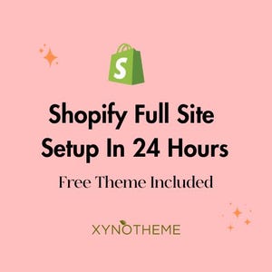 May include: A pink background with a green shopping bag with the letter "S" inside. The text "Shopify Full Site Setup In 24 Hours" is in black text. Below the text is "Free Theme Included" in black text. The text "XYNOTHEME" is in green text.