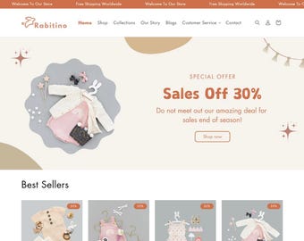 Rabitino – motyw Shopify dla sklepu z odzieżą dziecięcą | Nowoczesny, minimalistyczny design | Edytowalne szablony Canva | Motyw Shopify OS 2.0
