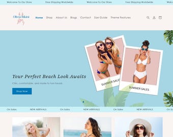 Olivia - Shopify Theme for clothing store | Blue Shopify theme | Swimsuit & Beachwear Store | Editable Canva Template | Shopify OS 2.0 Theme