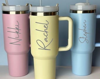 Custom Tumbler with Name, Insulated Travel Mug, Personalized 40oz Tumbler with Handle & Straw/ Bridesmaid Proposal/ Mothers Day Gift