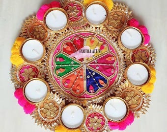 Handmade Tealight Rangoli Mat for Home Decor, 10" Round Rangoli Mat with Tealight Holders, Diwali Decorations, Rangoli Set, Diwali Gifting