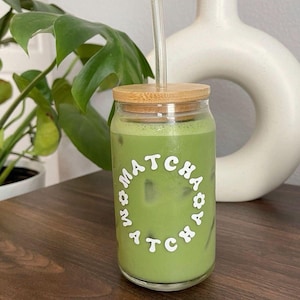 Personalized Matcha Glass Tumbler – 16oz Kawaii Iced Matcha Latte Cup | Perfect Gift for Matcha Lovers | Customised Bridesmaid Gift