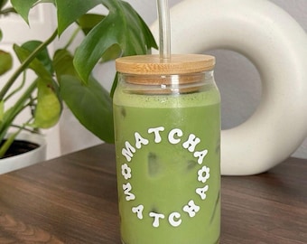 Vaso de Matcha personalizado: tapa de bambú, pajita de cristal, vaso de 350 ml para té helado o latte, regalo personalizado para amantes del matcha.