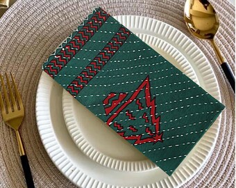 Table Napkins: Hand Block Printed Cotton Napkins | Kantha Cloth Cocktail Napkins | Reusable Holiday Table Linen | Christmas Gift