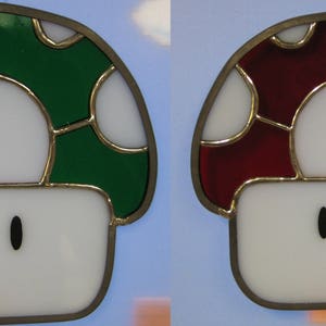 Set of 1 Up Mushrooms Stained Glass 1 Green & 1 Red 2 piece set image 1