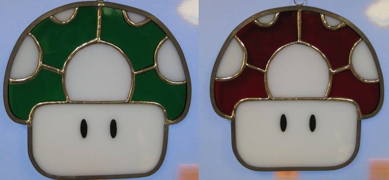 Set of 1 Up Mushrooms Stained Glass 1 Green & 1 Red 2 piece set image 1