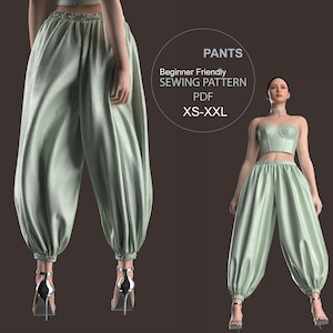 以下が含まれることがあります： ウエストと足首にギャザーが入った、ライトグリーンのサテンパンツ。お揃いのビスチェトップも写っています。画像には「PANTS、Beginner Friendly SEWING PATTERN、PDF、XS-XXL」と書かれています。