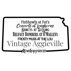 Pode incluir: Uma ilustração em preto e branco do estado do Kansas com o texto "Fishbowls at Fat's, Concerts at Longhorns, NANCYS AT SOLONG, BELFAST BOMBERS AT O'MALLEYS, FROSTY MUGS AT THE LOU, Vintage Aggieville, Manhappiness".