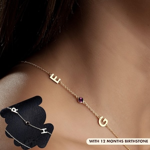 Custom Sideways Initial Necklace: Sterling Silver Birthstone Letter