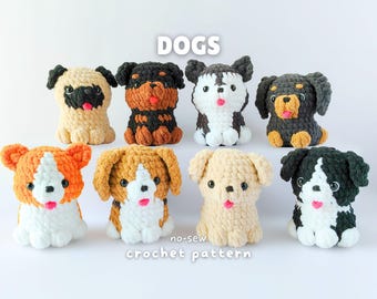 May include: Eight small, plush, handmade crochet dog figures arranged in two rows. The dogs feature various color patterns including tan, black, brown, white, and orange. Each figure has black plastic eyes and a small pink tongue. Text reads DOGS no-sew crochet pattern.