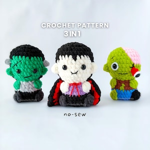 Halloween Crochet Pattern, No sew Amigurumi, Frankenstein, Dracula, Zombie - Beginner Friendly