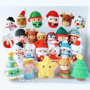 May include: A collection of twenty-four small, crocheted Christmas-themed figures including snowmen, reindeer, elves, Santa Claus, penguins, angels, a star, and Christmas trees. The text "Advent Calendar Pattern" is printed at the bottom.
